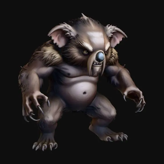 3D model for A fierce, trained zorbo animal companion. The zorbo is a small, bipedal creature resembling a blend of a gremlin and a koala, with shaggy, dark fur and long, sharp claws. The art style should be a realistic fantasy illustration, dynamic lighting, and high detail, in the style of Dungeons & Dragons concept art.