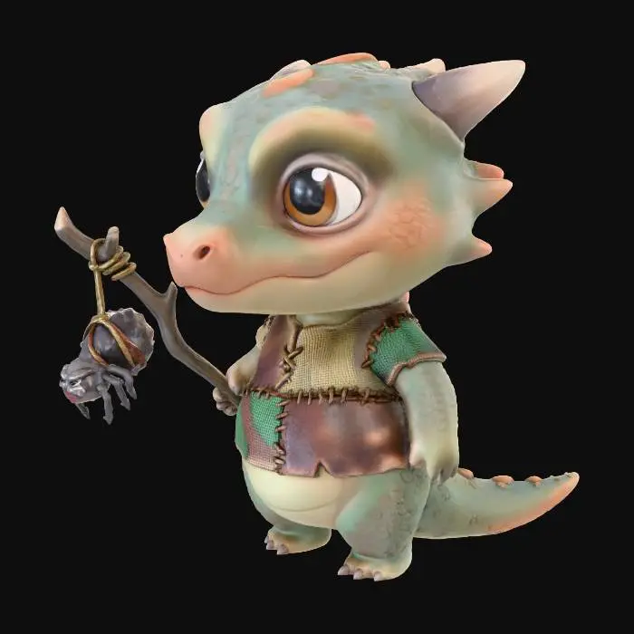 3D model for A charming chibi-style kobold warrior stands proudly, its disproportionately large head featuring a snout and expressive eyes. It wears rudimentary tribal clothing, composed of patched fabrics and rough leather textures, indicating a simple, utilitarian style. In its hand, it brandishes a stick with an intricately detailed, visibly angry spider tied securely to the end, serving as its unique weapon. The creature's body is small and rounded, characteristic of the chibi aesthetic, with subtle scales rendered in earthy tones.