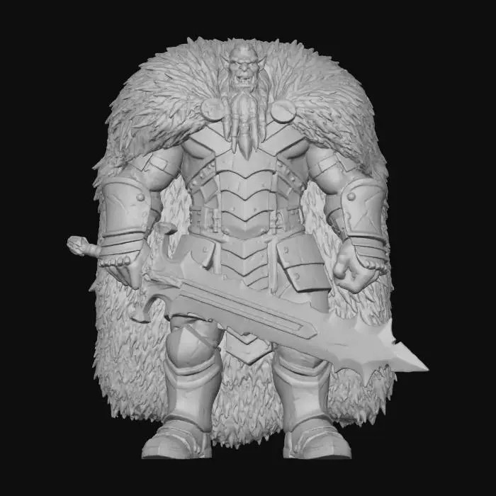 3D model for A hulking, muscular orc chieftain stands in a threatening pose. He wears a majestic cloak crafted from the thick, shaggy fur of a great beast, contrasting with his rigid, interlocking scale armor. His massive sword is severely worn and cracked, forming a chaotic serration along one sharp edge, reflecting centuries of brutal combat. The scales possess a dark, metallic sheen, while the fur appears coarse and wild, emphasizing his fierce, battle-hardened demeanor and rugged power.