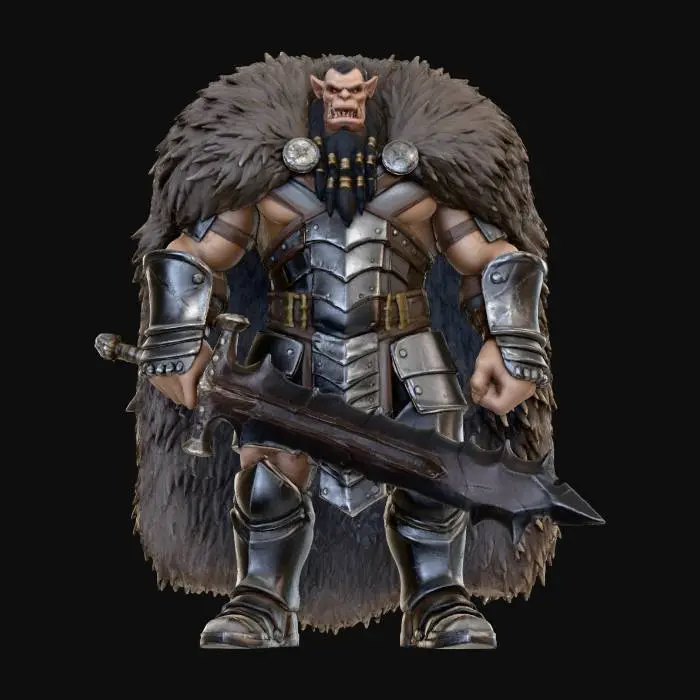 3D model for A hulking, muscular orc chieftain stands in a threatening pose. He wears a majestic cloak crafted from the thick, shaggy fur of a great beast, contrasting with his rigid, interlocking scale armor. His massive sword is severely worn and cracked, forming a chaotic serration along one sharp edge, reflecting centuries of brutal combat. The scales possess a dark, metallic sheen, while the fur appears coarse and wild, emphasizing his fierce, battle-hardened demeanor and rugged power.
