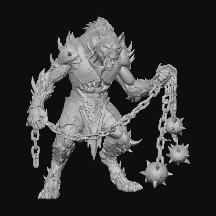 3D model for A DEMON LORD IN THE SHAPE OF AN ANTHROPOMORPHIC HYENA , ITS ARMS AND DIGIGRADE LEGS ELONGATED  WITH BONE SPIKES PROTRUDING FROM THE ELBOWS,KNEES AND SHOULDERS, ITS HYENA LIKE FACE TWISTED INTO A SNARL OF PAIN AND HATE , LARGER AND WITH BETTER MUSCLE  MASS , IN ITS HANDS A VISCIOUS LOOKING CHAIN WITH THREE SPIKED BALLS AT THE END, ELEMENTS OF DEMONIC NATURE
