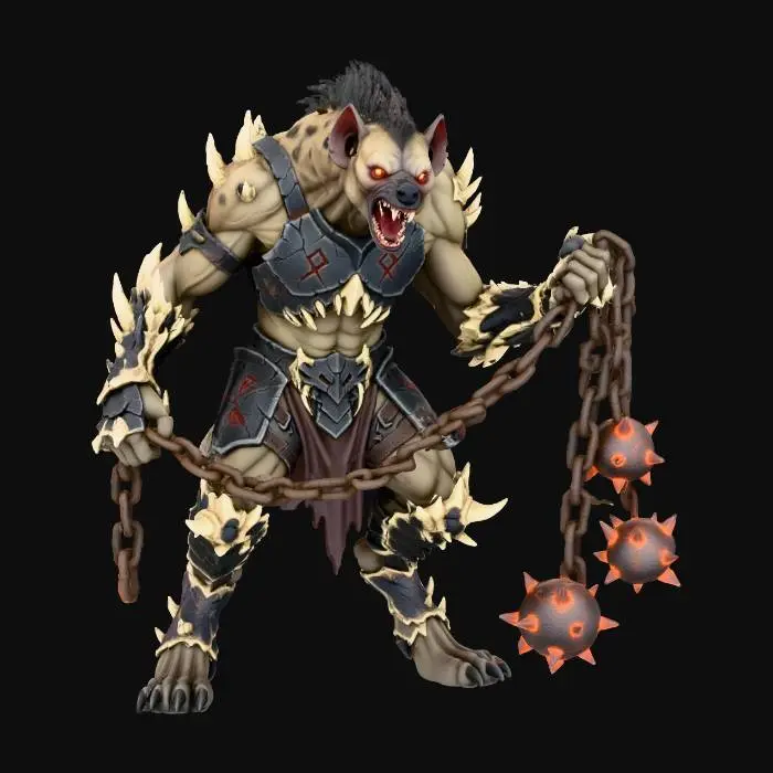 3D model for A DEMON LORD IN THE SHAPE OF AN ANTHROPOMORPHIC HYENA , ITS ARMS AND DIGIGRADE LEGS ELONGATED  WITH BONE SPIKES PROTRUDING FROM THE ELBOWS,KNEES AND SHOULDERS, ITS HYENA LIKE FACE TWISTED INTO A SNARL OF PAIN AND HATE , LARGER AND WITH BETTER MUSCLE  MASS , IN ITS HANDS A VISCIOUS LOOKING CHAIN WITH THREE SPIKED BALLS AT THE END, ELEMENTS OF DEMONIC NATURE