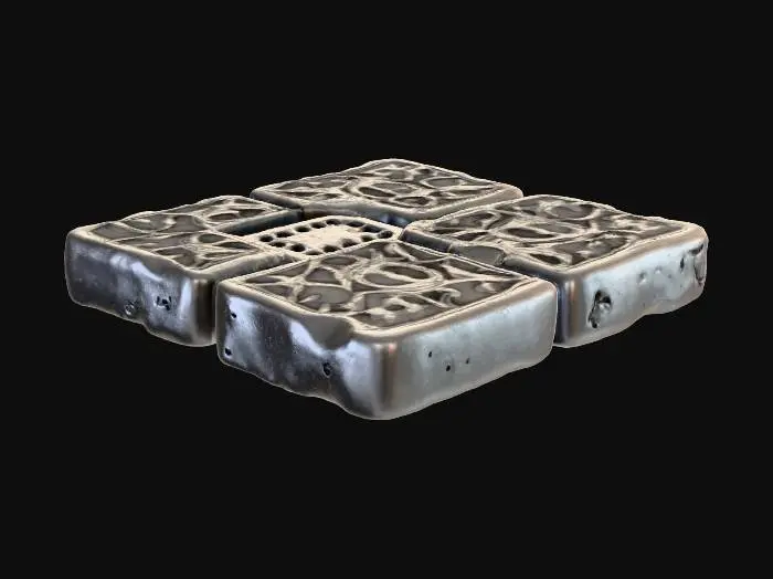 3D model for Old, worn, damaged 1 foot by 1 foot  square of side walk with a bit of manhole visible in the top right corner.