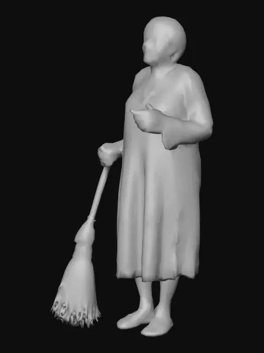 3D model for a old woman using a broom as a sword