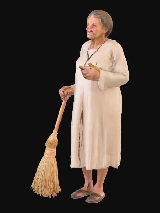 3D model for a old woman using a broom as a sword