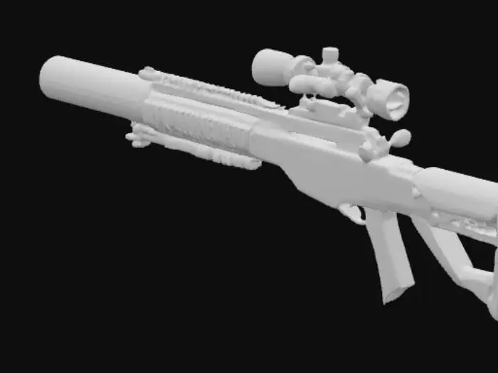 3D model for A sniper rifle with metalic body and equipped with thick suppressor on its nuzzle