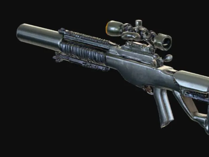 3D model for A sniper rifle with metalic body and equipped with thick suppressor on its nuzzle