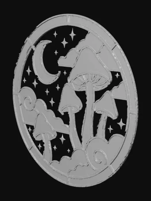 3D model for Circular wall hanging inspired by stained glass. Fantasy scene with mushrooms in clouds and a crescent moon in the background with smaller four-point stars.