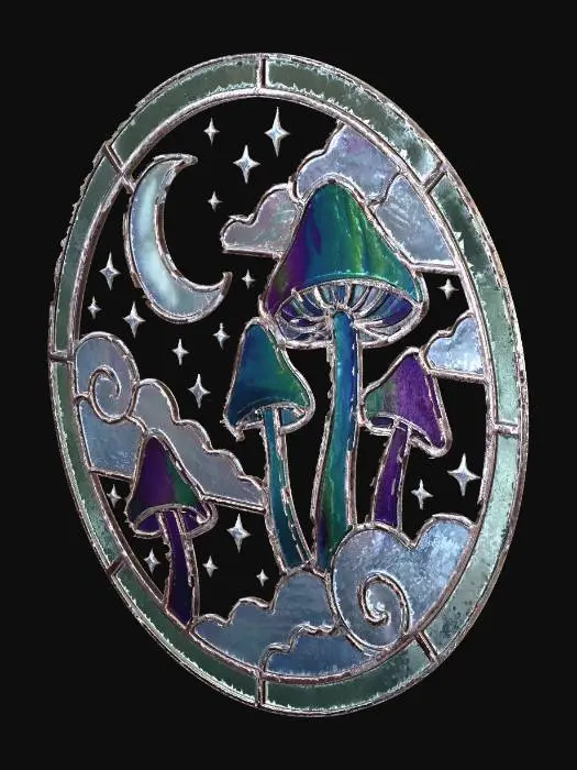3D model for Circular wall hanging inspired by stained glass. Fantasy scene with mushrooms in clouds and a crescent moon in the background with smaller four-point stars.