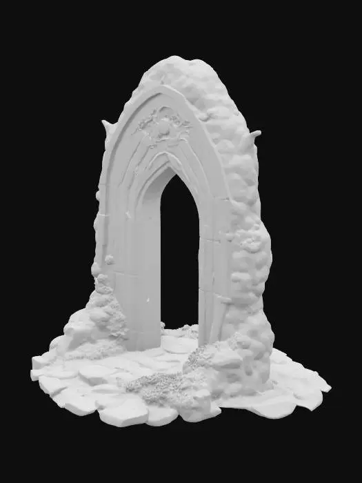 3D model for Ancient Norse stone archway, 3m tall and 2.5m wide, made of aged gray granite with mossy green and white veins. Surface weathered and cracked, partially eroded edges, base covered in moss, roots, and lichens. Deeply carved Nordic runes glow faintly with bluish-white mystical light, some repaired with subtle silver inlays. Decorative carvings of intertwined serpents, ravens, and Yggdrasil-like branches across the arch. Texture mix of rough stone and semi-polished areas near runes. A mystical aura surrounds it, slightly glowing. Top of arch is domed, with a central eye-shaped hole for celestial alignment. Feels sacred, forgotten, and ancient. Norse mythology, fantasy ruins, arcane relic, soft magical ambience, worn stone. Mystical portal-like atmosphere, mysterious and reverent presence.