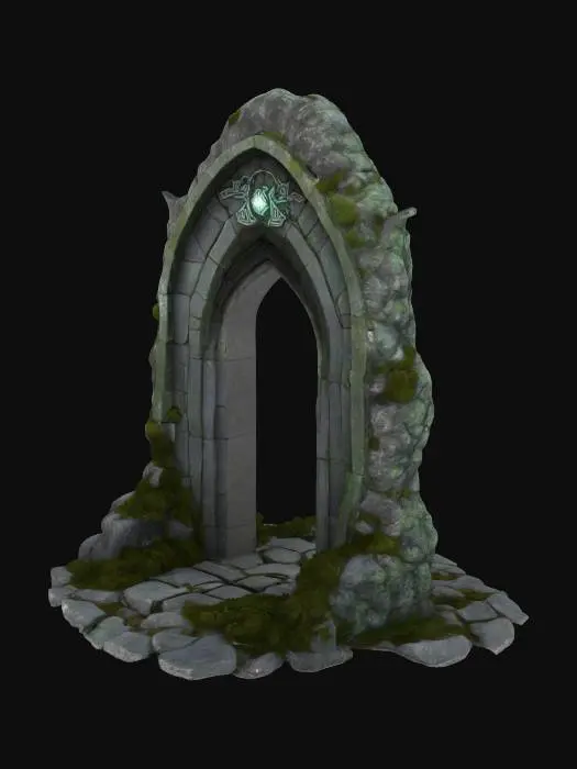 3D model for Ancient Norse stone archway, 3m tall and 2.5m wide, made of aged gray granite with mossy green and white veins. Surface weathered and cracked, partially eroded edges, base covered in moss, roots, and lichens. Deeply carved Nordic runes glow faintly with bluish-white mystical light, some repaired with subtle silver inlays. Decorative carvings of intertwined serpents, ravens, and Yggdrasil-like branches across the arch. Texture mix of rough stone and semi-polished areas near runes. A mystical aura surrounds it, slightly glowing. Top of arch is domed, with a central eye-shaped hole for celestial alignment. Feels sacred, forgotten, and ancient. Norse mythology, fantasy ruins, arcane relic, soft magical ambience, worn stone. Mystical portal-like atmosphere, mysterious and reverent presence.