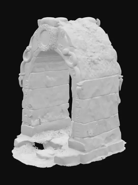 3D model for Ancient Norse stone archway, 3m tall and 2.5m wide, made of aged gray granite with mossy green and white veins. Surface weathered and cracked, partially eroded edges, base covered in moss, roots, and lichens. Deeply carved Nordic runes glow faintly with bluish-white mystical light, some repaired with subtle silver inlays. Decorative carvings of intertwined serpents, ravens, and Yggdrasil-like branches across the arch. Texture mix of rough stone and semi-polished areas near runes. A mystical aura surrounds it, slightly glowing. Top of arch is domed, with a central eye-shaped hole for celestial alignment. Feels sacred, forgotten, and ancient. Norse mythology, fantasy ruins, arcane relic, soft magical ambience, worn stone. Mystical portal-like atmosphere, mysterious and reverent presence.