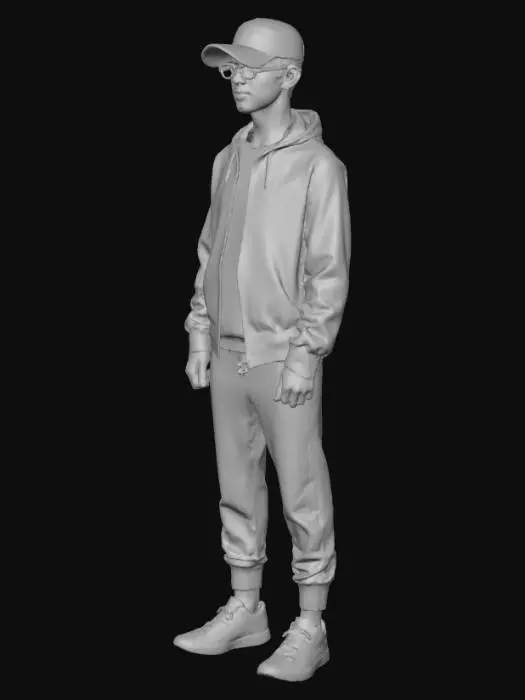 3D model for I want a model of a young skinny guy with with height of 5 feet 11 inches wearing cap with front back also wearing glasses having medium hair and also having asian color and body color of wheat wearing tracksuit having hood trousers are in fitting and its look like a sports guy