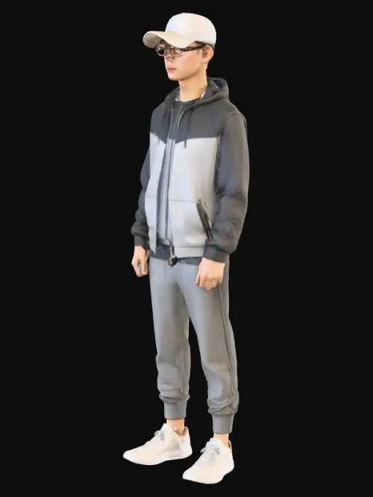 3D model for I want a model of a young skinny guy with with height of 5 feet 11 inches wearing cap with front back also wearing glasses having medium hair and also having asian color and body color of wheat wearing tracksuit having hood trousers are in fitting and its look like a sports guy