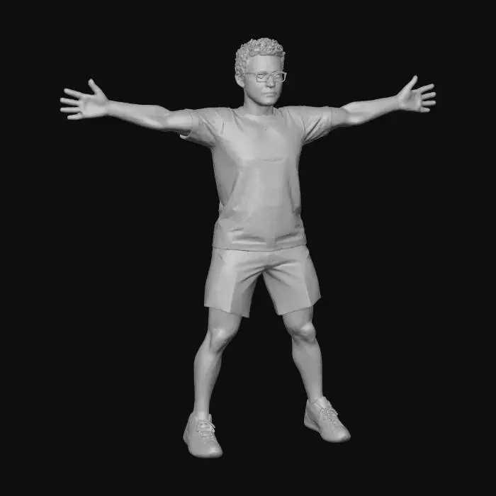 3D model for Ein Mann mit Hornbrille, T-Shirt mit Ethereum drauf and kurzen Hosen. Alles im Pixel Style (Arcade)