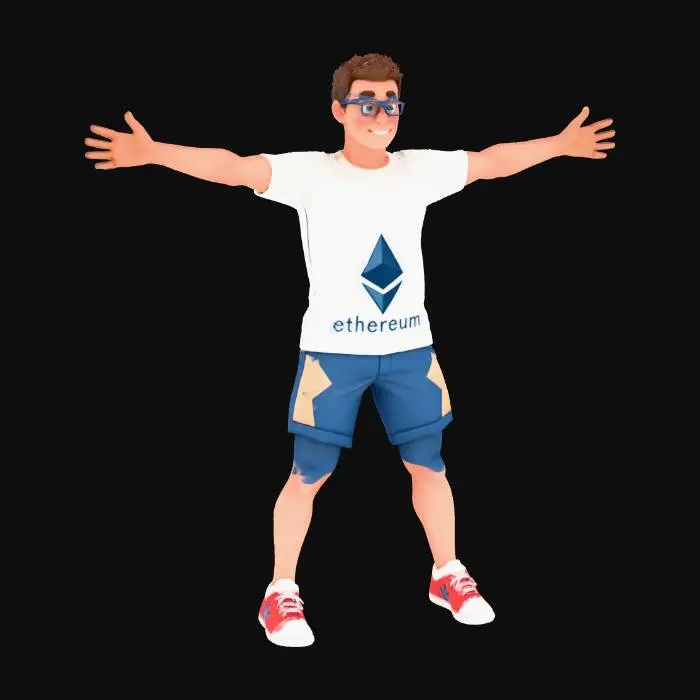 3D model for Ein Mann mit Hornbrille, T-Shirt mit Ethereum drauf and kurzen Hosen. Alles im Pixel Style (Arcade)