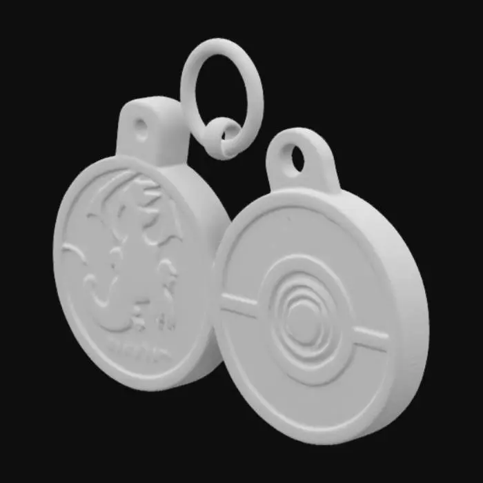 3D model for una moneta con gancio per portachiavi, una faccia della moneta rappresenta la faccia del Pokemon Charizard, l'altra faccia della moneta rappresenta una pokemon pokeball
