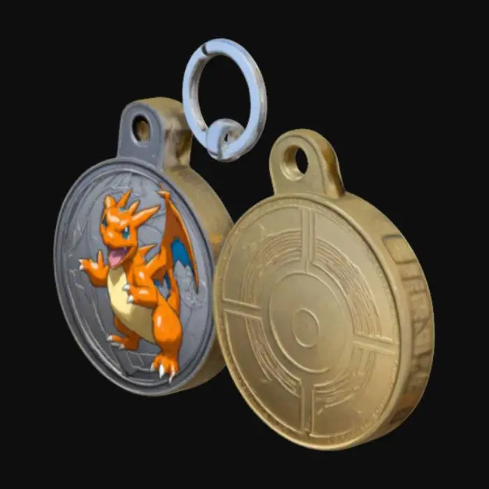 3D model for una moneta con gancio per portachiavi, una faccia della moneta rappresenta la faccia del Pokemon Charizard, l'altra faccia della moneta rappresenta una pokemon pokeball
