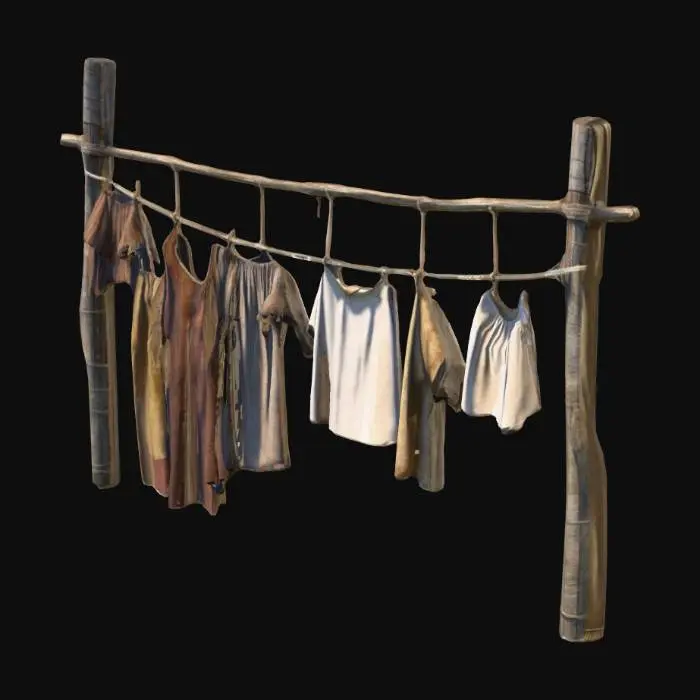 3D model for A clothesline hung with simple medieval peasant clothing