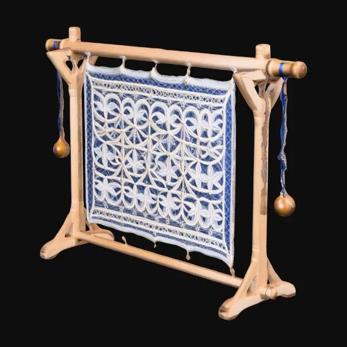3D model for medieval Lacework being made on a frame with bobbins