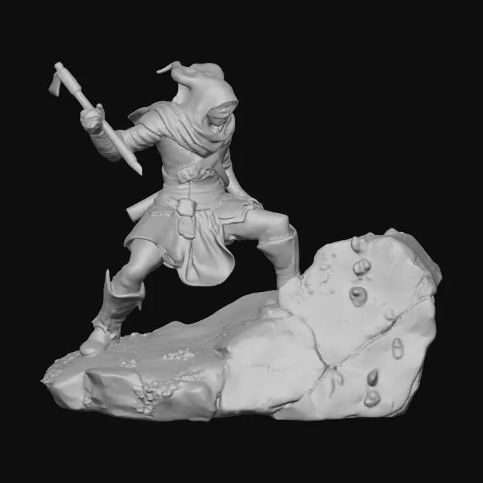 3D model for A petrified fantasy adventurer statue, frozen mid-action in a dynamic fighting pose. Sculpted from grey, coarse-grained sandstone, its surface exhibits extensive weathered damage with chips, cracks, and a rough, eroded texture. Patches of vibrant green moss and pale orange lichen cling organically to its shoulders, shield, and weapon, adding a soft, ancient, and desolate tactile quality to the cold, rigid stone form.