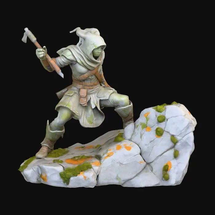 3D model for A petrified fantasy adventurer statue, frozen mid-action in a dynamic fighting pose. Sculpted from grey, coarse-grained sandstone, its surface exhibits extensive weathered damage with chips, cracks, and a rough, eroded texture. Patches of vibrant green moss and pale orange lichen cling organically to its shoulders, shield, and weapon, adding a soft, ancient, and desolate tactile quality to the cold, rigid stone form.