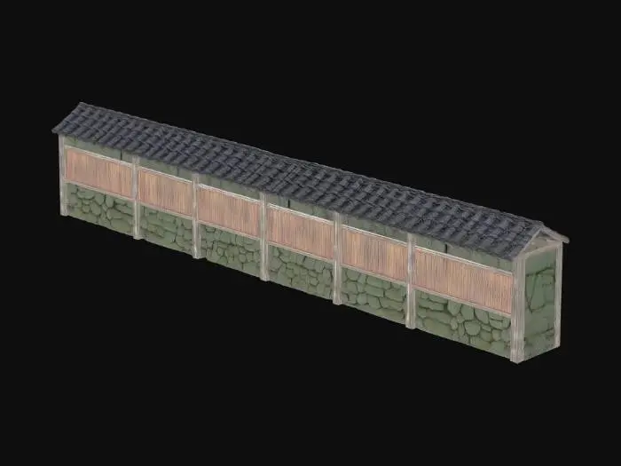 3D model for Long Stone-Base Wooden Wall with Tile Roof