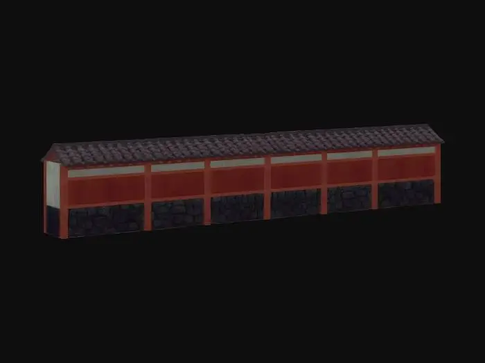 3D model for Long Stone-Base Wooden Wall with Tile Roof