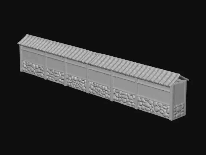 3D model for Long Stone-Base Wooden Wall with Tile Roof