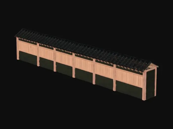 3D model for Long Stone-Base Wooden Wall with Tile Roof