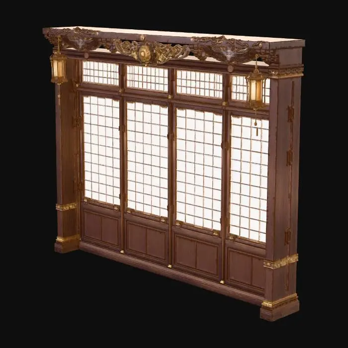 3D model for Ornate Carved Wooden Shoji Screen with Lanterns