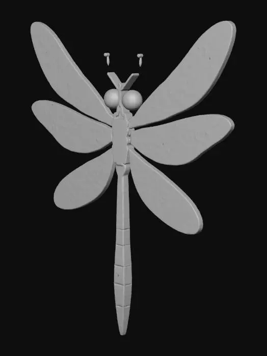 3D model for Create a bright pink dragonfly with electricity symbols in blue and orange on the light wings