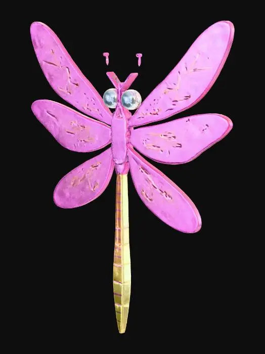 3D model for Create a bright pink dragonfly with electricity symbols in blue and orange on the light wings