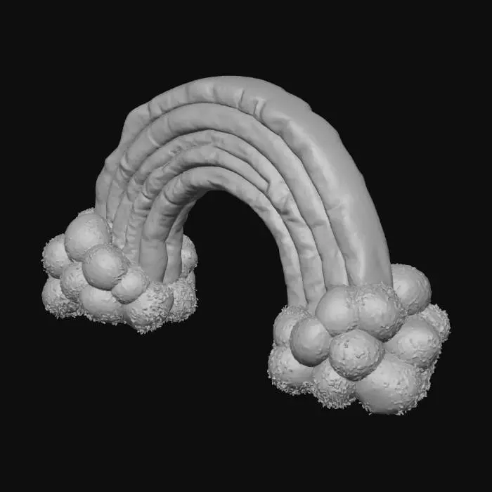 3D model for glittery rainbow with two white clouds at each end, bouncing