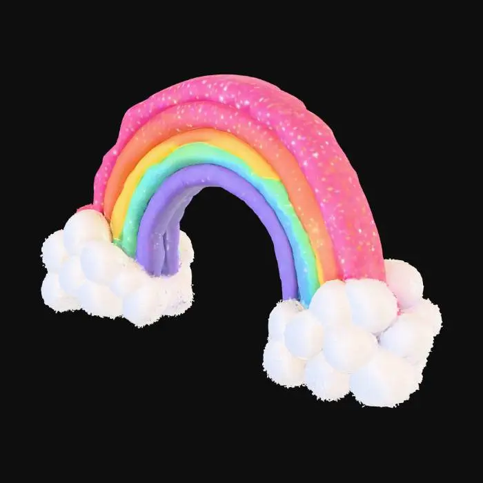3D model for glittery rainbow with two white clouds at each end, bouncing