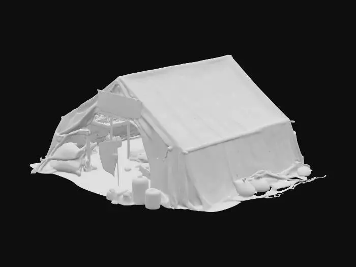 3D model for An Allied WWII barracks built from olive-drab canvas stretched over a wooden frame, reinforced with sandbags and metal sheets. A weathered sign reading “BARRACKS” hangs above an open flap revealing dim interior lighting, bunk beds, green footlockers, rifles, and wall maps. Outside lie stacked crates, jerry cans, helmets, and a fluttering U.S. flag. The ground is dusty, trampled by boots and tire tracks. Nearby are lantern poles, supply tents, and barbed wire fences. The structure feels temporary but vital—alive with motion, grit, and purpose in an active warzone.

