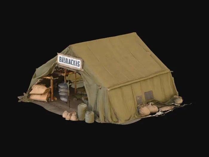 3D model for An Allied WWII barracks built from olive-drab canvas stretched over a wooden frame, reinforced with sandbags and metal sheets. A weathered sign reading “BARRACKS” hangs above an open flap revealing dim interior lighting, bunk beds, green footlockers, rifles, and wall maps. Outside lie stacked crates, jerry cans, helmets, and a fluttering U.S. flag. The ground is dusty, trampled by boots and tire tracks. Nearby are lantern poles, supply tents, and barbed wire fences. The structure feels temporary but vital—alive with motion, grit, and purpose in an active warzone.

