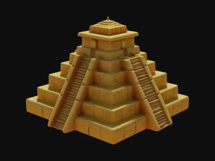 3D model for [Peru] A stylized 3D game asset of an ancient Peruvian Sun Temple, partly faded into floating cosmic ruins. The temple walls are crafted from smooth golden stone, covered with faint Incan glyphs and starry constellations. Some parts of the structure float broken in mid-air, glowing softly with ancient energy. The design is stylized, clean, simplified, and slightly cartoonish, evoking mystery and wonder. #AroundTheWorld#