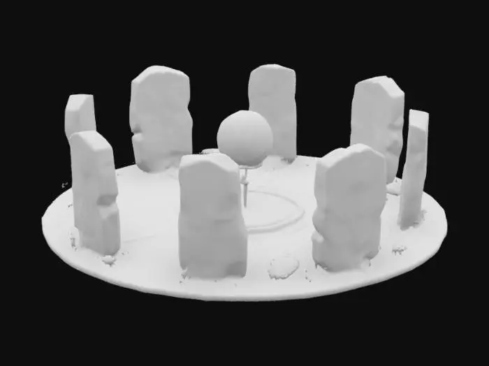 3D model for [Scotland] A stylized 3D game asset of an ancient Celtic stone circle, with standing stones arranged in a wide ring. Each stone is carved with faint glowing spiral patterns and cosmic star maps. Soft moss and vines grow around the base of the stones. A swirling light portal faintly shimmers in the center of the circle. The design is stylized, clean, simplified, slightly cartoonish, and mystical. #AroundTheWorld#