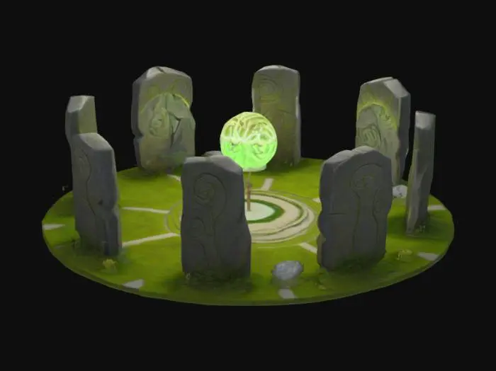 3D model for [Scotland] A stylized 3D game asset of an ancient Celtic stone circle, with standing stones arranged in a wide ring. Each stone is carved with faint glowing spiral patterns and cosmic star maps. Soft moss and vines grow around the base of the stones. A swirling light portal faintly shimmers in the center of the circle. The design is stylized, clean, simplified, slightly cartoonish, and mystical. #AroundTheWorld#