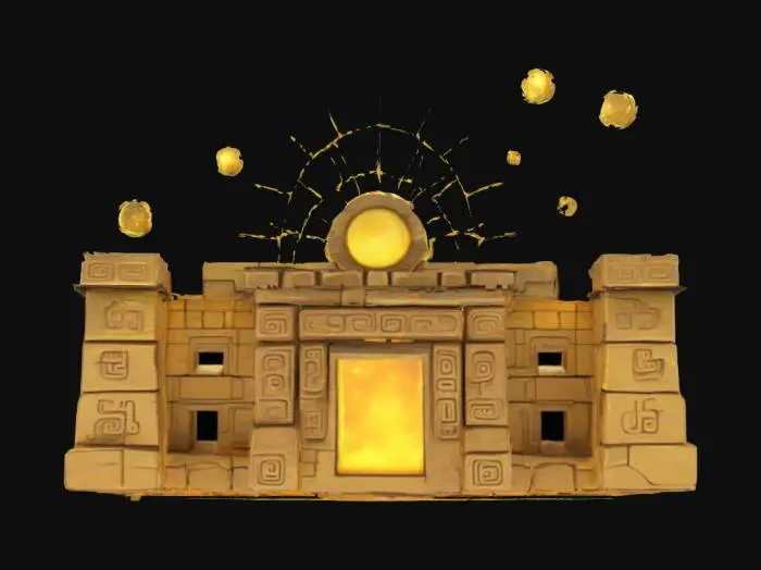 3D model for [Peru] A stylized 3D game asset of an ancient Peruvian Sun Temple, partly faded into floating cosmic ruins. The temple walls are crafted from smooth golden stone, covered with faint Incan glyphs and starry constellations. Some parts of the structure float broken in mid-air, glowing softly with ancient energy. The design is stylized, clean, simplified, and slightly cartoonish, evoking mystery and wonder. #AroundTheWorld#