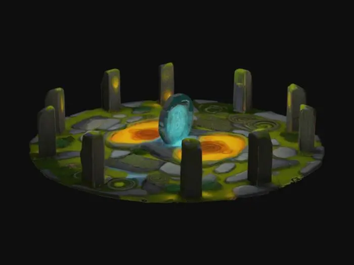 3D model for [Scotland] A stylized 3D game asset of an ancient Celtic stone circle, with standing stones arranged in a wide ring. Each stone is carved with faint glowing spiral patterns and cosmic star maps. Soft moss and vines grow around the base of the stones. A swirling light portal faintly shimmers in the center of the circle. The design is stylized, clean, simplified, slightly cartoonish, and mystical. #AroundTheWorld#