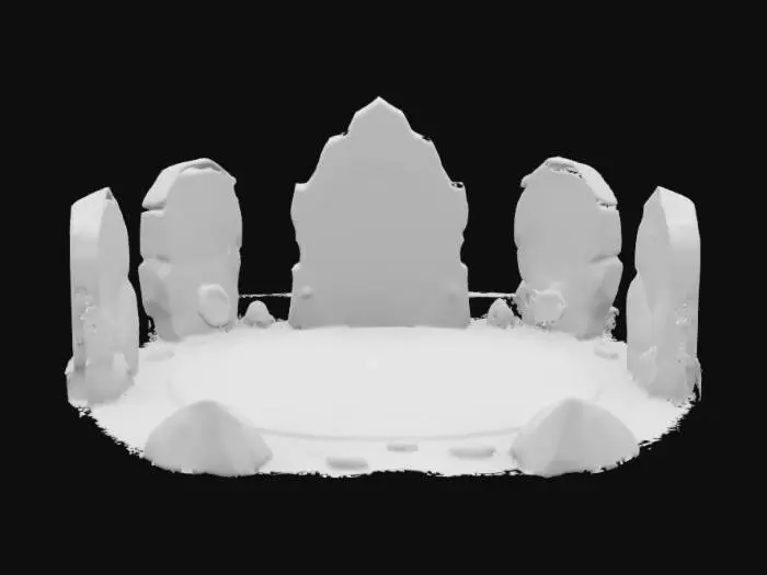 3D model for [Scotland] A stylized 3D game asset of an ancient Celtic stone circle, with standing stones arranged in a wide ring. Each stone is carved with faint glowing spiral patterns and cosmic star maps. Soft moss and vines grow around the base of the stones. A swirling light portal faintly shimmers in the center of the circle. The design is stylized, clean, simplified, slightly cartoonish, and mystical. #AroundTheWorld#