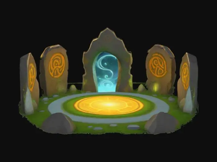 3D model for [Scotland] A stylized 3D game asset of an ancient Celtic stone circle, with standing stones arranged in a wide ring. Each stone is carved with faint glowing spiral patterns and cosmic star maps. Soft moss and vines grow around the base of the stones. A swirling light portal faintly shimmers in the center of the circle. The design is stylized, clean, simplified, slightly cartoonish, and mystical. #AroundTheWorld#