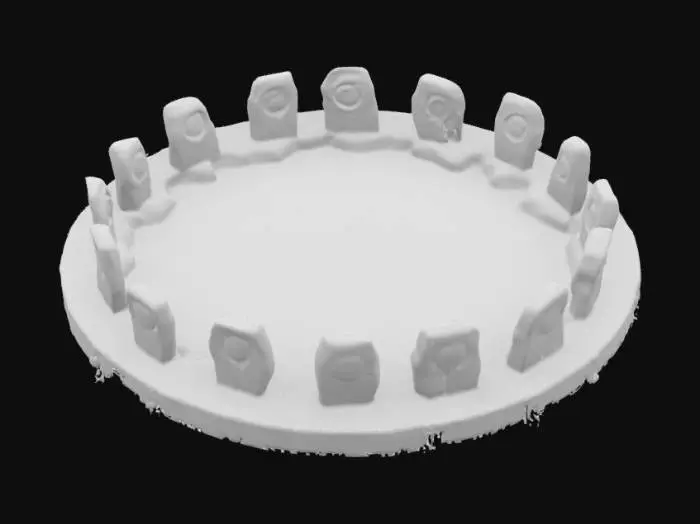 3D model for [Scotland] A stylized 3D game asset of an ancient Celtic stone circle, with standing stones arranged in a wide ring. Each stone is carved with faint glowing spiral patterns and cosmic star maps. Soft moss and vines grow around the base of the stones. A swirling light portal faintly shimmers in the center of the circle. The design is stylized, clean, simplified, slightly cartoonish, and mystical. #AroundTheWorld#