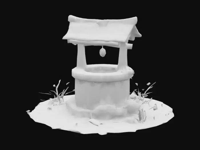 3D model for An epic, mythical fantasy Celtic wishing well. The well is wide and circular, made from smooth, chunky stone blocks engraved with glowing Celtic knotwork and ogham symbols. The structure is worn, with moss and small vines growing between the stones. The design is clean, slightly cartoonish, and features a soft mystical glow coming from within.