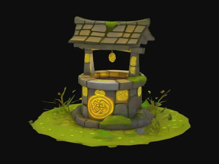 3D model for An epic, mythical fantasy Celtic wishing well. The well is wide and circular, made from smooth, chunky stone blocks engraved with glowing Celtic knotwork and ogham symbols. The structure is worn, with moss and small vines growing between the stones. The design is clean, slightly cartoonish, and features a soft mystical glow coming from within.