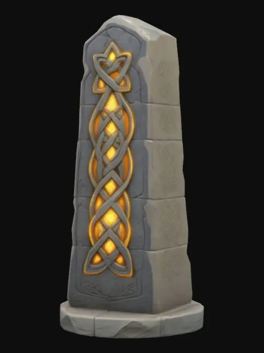 3D model for A stylized 3D game asset of a monumental standing stone with bright glowing Celtic knotwork across the surface, as if awakened by magic. The stone is smooth, ancient, and powerful, stylized and slightly cartoonish.