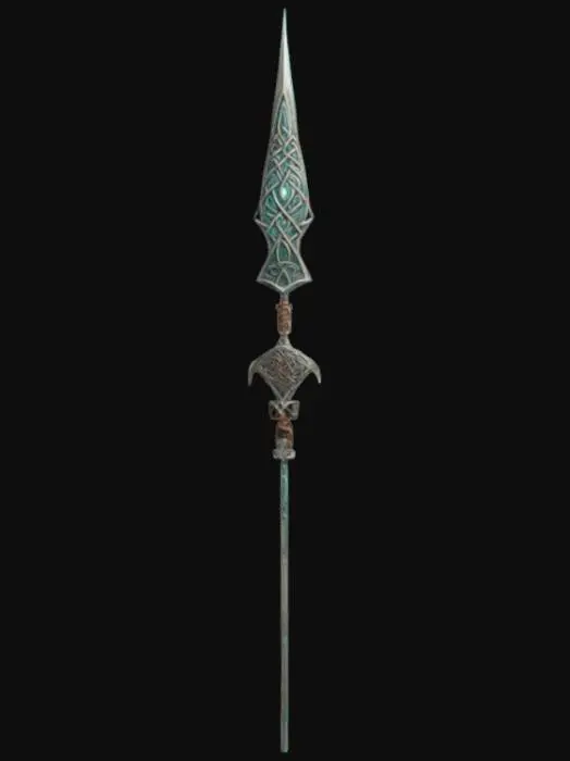 3D model for "An ancient Celtic spear with intricate knotwork along its shaft, the metal glowing faintly with magical energy. The spear’s tip is sharp and gleaming, radiating power. The shaft is weathered but strong, with a subtle aura that hints at its legendary significance. The design is stylized, resembling the art style of Kena: Bridge of Spirits, with soft, rounded details and a vibrant, mystical glow."