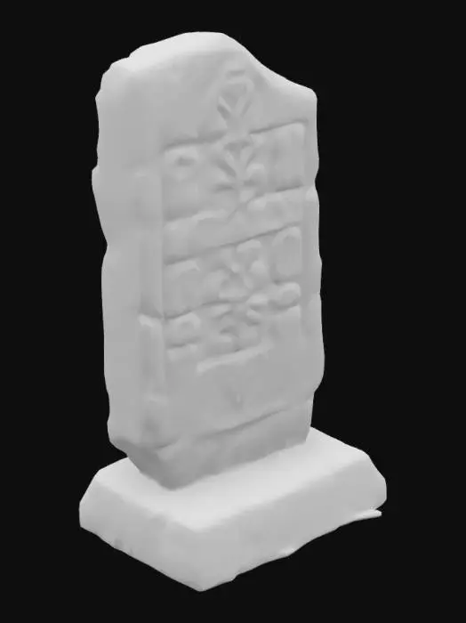 3D model for "A stylized, rugged standing stone with glowing Celtic runes carved into its surface, placed atop a weathered stone pedestal. The stone has uneven, exaggerated edges and a slightly cartoonish, vibrant design inspired by Kena: Bridge of Spirits. The glowing runes emit a soft, magical light, accentuating the mystical charm."
